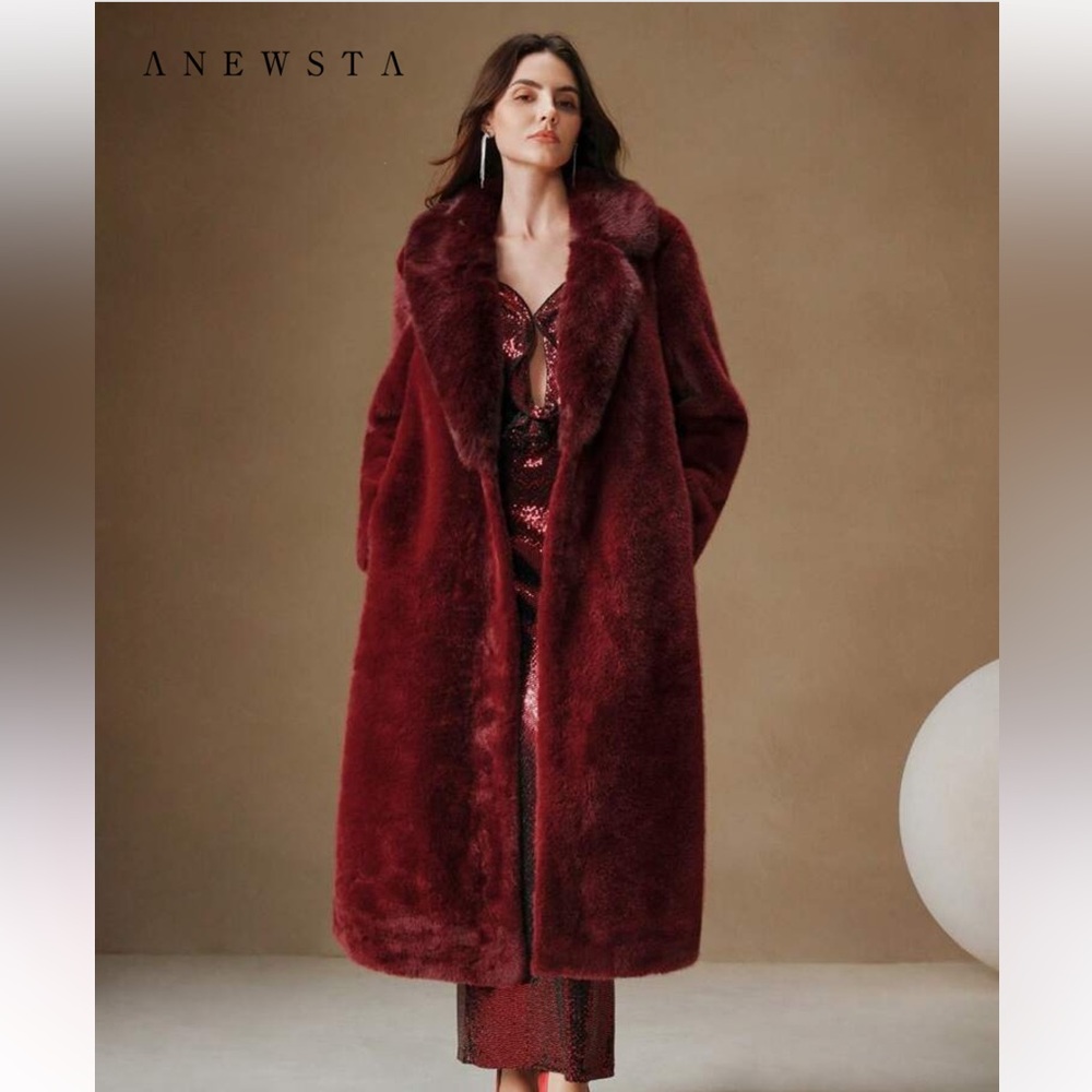Women's Long Faux Fur Coat in Deep Burgundy